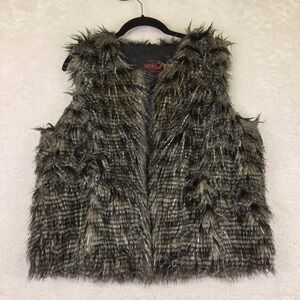 Yoki New York Faux Fur Vest Grey Black Shaggy Sleeveless Open Front Large